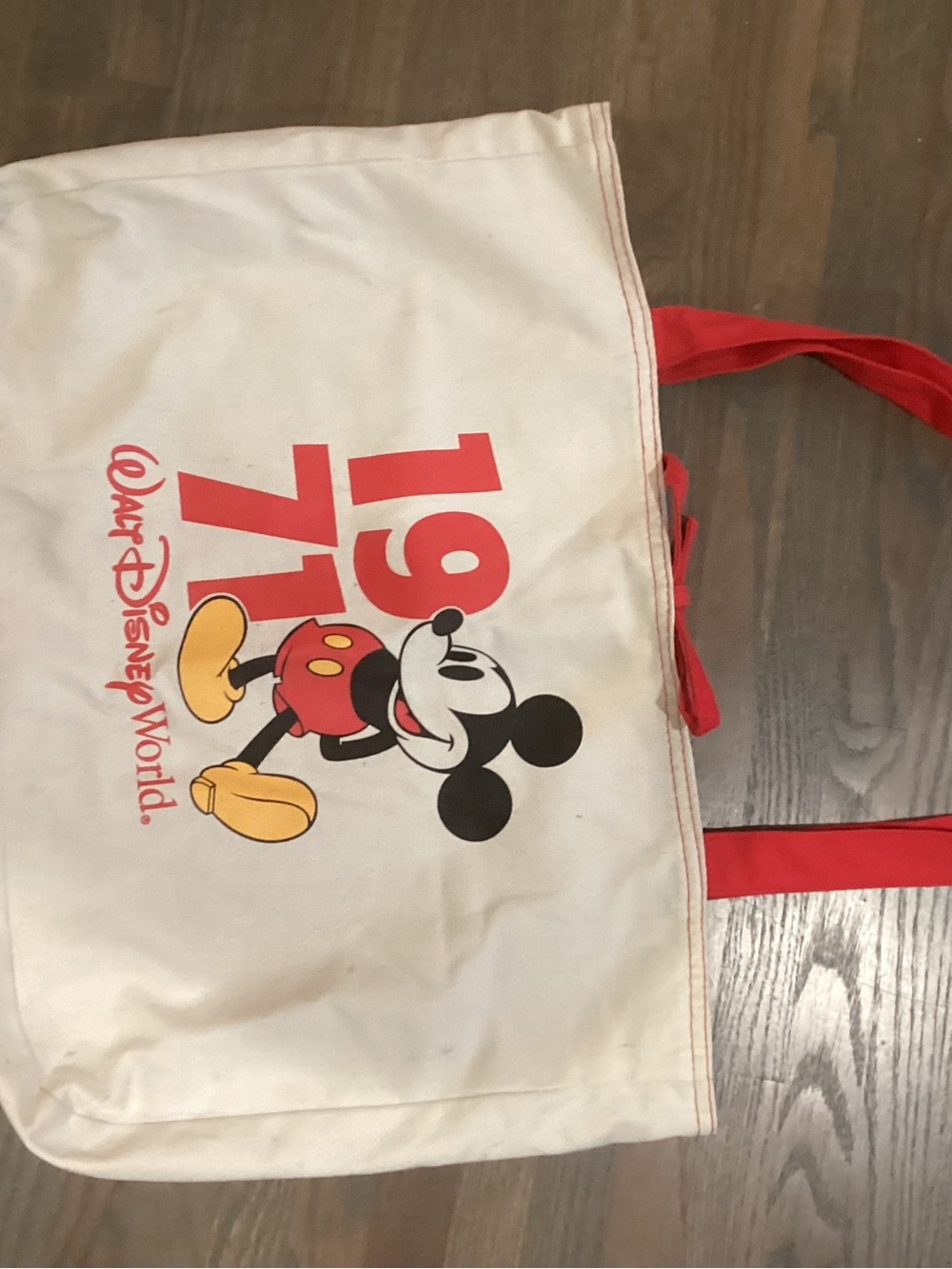 Disney Cream Canvas Mickey Mouse 1971 Tote with Red Straps
